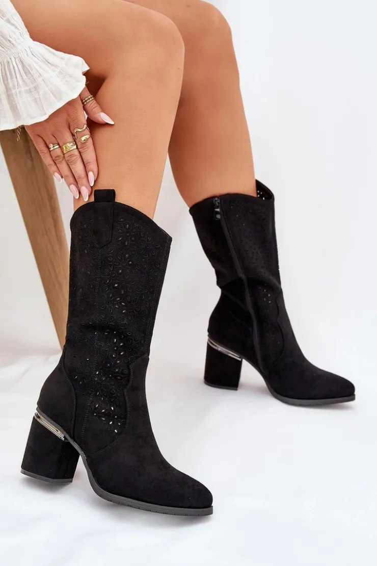 Discount Damskie buty S.Barski Ażurowe Kozaki Kowbojki Do Połowy Łydki S.Barski HY51-238 Czarne Czarny