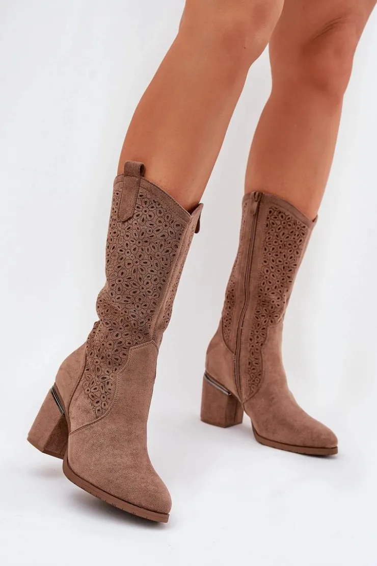 Damskie buty S.Barski Kozaki Na Słupku|Kozaki Ażurowe*Ażurowe Kozaki Kowbojki Do Połowy Łydki S.Barski HY51-238 Brązowe Brązowy
