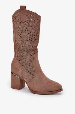 Damskie buty S.Barski Kozaki Na Słupku|Kozaki Ażurowe*Ażurowe Kozaki Kowbojki Do Połowy Łydki S.Barski HY51-238 Brązowe Brązowy