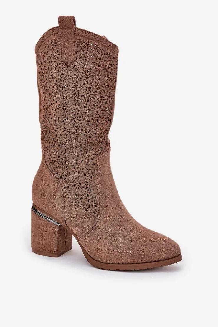 Damskie buty S.Barski Kozaki Na Słupku|Kozaki Ażurowe*Ażurowe Kozaki Kowbojki Do Połowy Łydki S.Barski HY51-238 Brązowe Brązowy