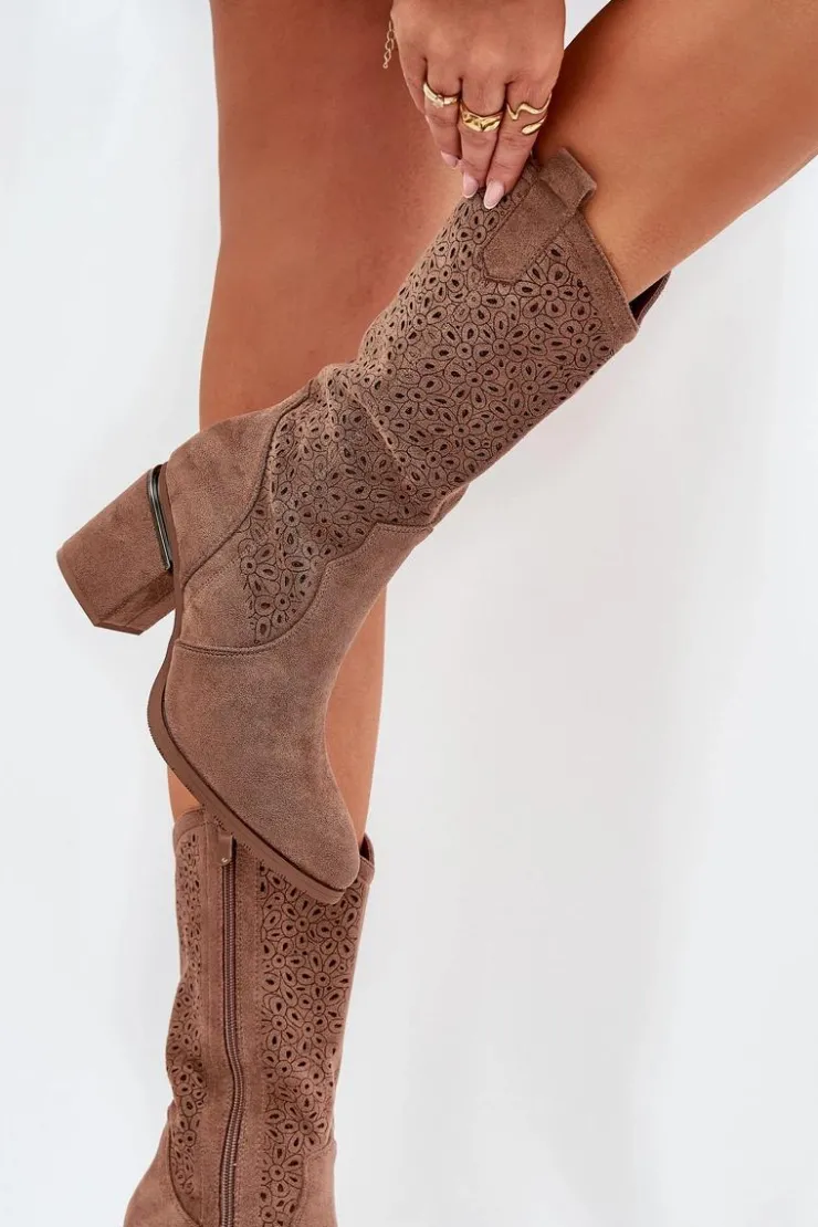 Damskie buty S.Barski Kozaki Na Słupku|Kozaki Ażurowe*Ażurowe Kozaki Kowbojki Do Połowy Łydki S.Barski HY51-238 Brązowe Brązowy