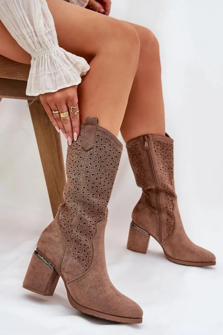 Damskie buty S.Barski Kozaki Na Słupku|Kozaki Ażurowe*Ażurowe Kozaki Kowbojki Do Połowy Łydki S.Barski HY51-238 Brązowe Brązowy