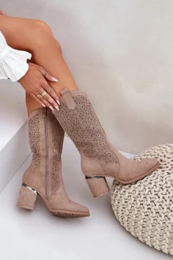 Damskie Damskie buty S.Barski Ażurowe Kozaki Kowbojki Do Połowy Łydki S.Barski HY51-238 Beżowe