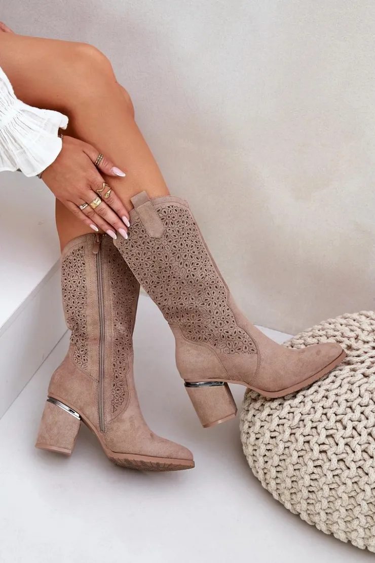 Damskie Damskie buty S.Barski Ażurowe Kozaki Kowbojki Do Połowy Łydki S.Barski HY51-238 Beżowe