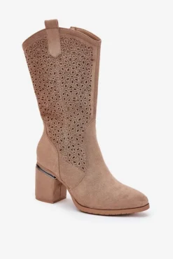 Damskie Damskie buty S.Barski Ażurowe Kozaki Kowbojki Do Połowy Łydki S.Barski HY51-238 Beżowe
