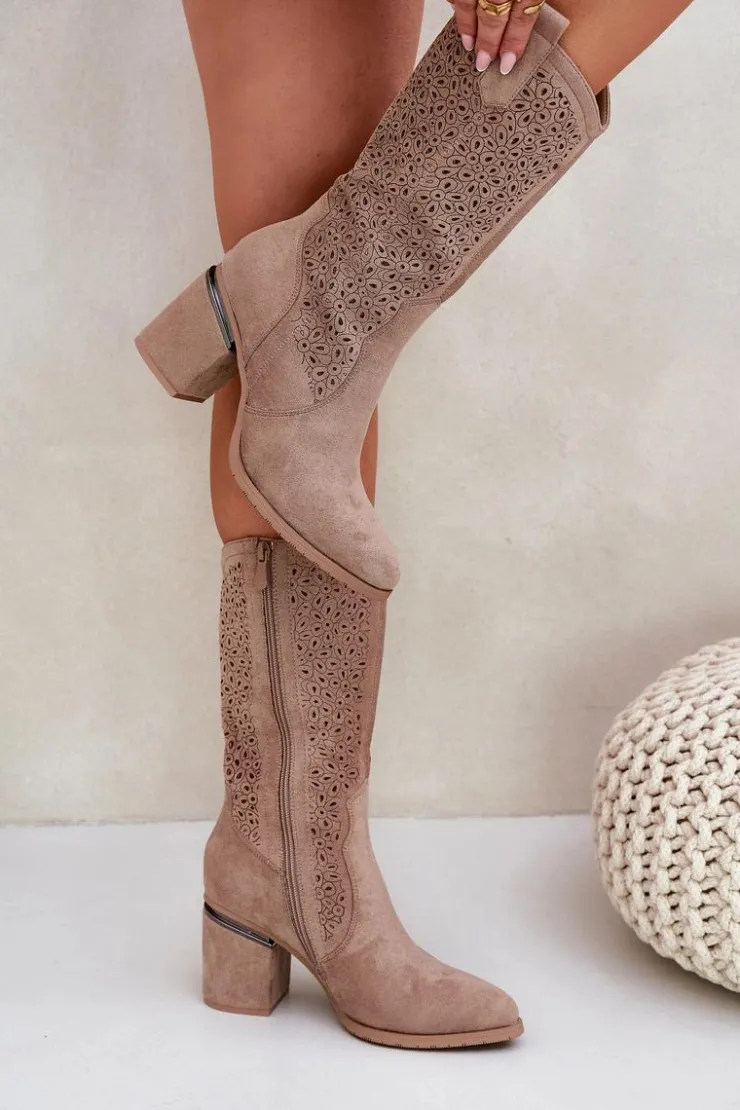 Damskie Damskie buty S.Barski Ażurowe Kozaki Kowbojki Do Połowy Łydki S.Barski HY51-238 Beżowe