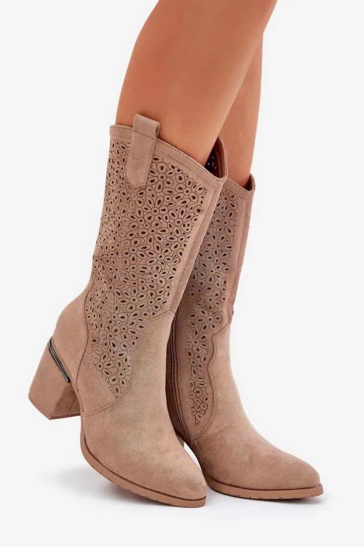 Damskie Damskie buty S.Barski Ażurowe Kozaki Kowbojki Do Połowy Łydki S.Barski HY51-238 Beżowe