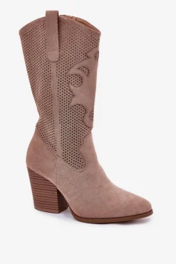 Damskie Damskie buty S.Barski Ażurowe Kozaki Kowbojki Na Słupku S.Barski HY51-606 Beżowe
