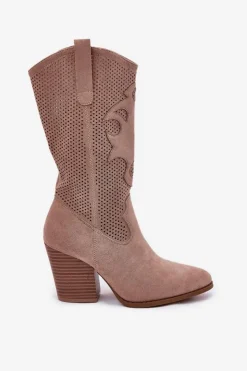Damskie Damskie buty S.Barski Ażurowe Kozaki Kowbojki Na Słupku S.Barski HY51-606 Beżowe
