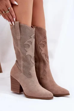 Damskie Damskie buty S.Barski Ażurowe Kozaki Kowbojki Na Słupku S.Barski HY51-606 Beżowe