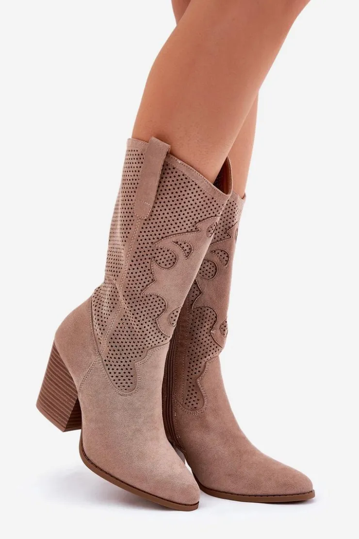 Damskie Damskie buty S.Barski Ażurowe Kozaki Kowbojki Na Słupku S.Barski HY51-606 Beżowe