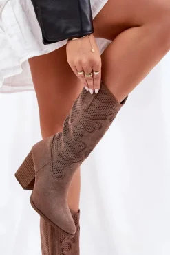 Discount Damskie buty S.Barski Ażurowe Kozaki Kowbojki Na Słupku S.Barski HY51-606 Brązowe Brązowy