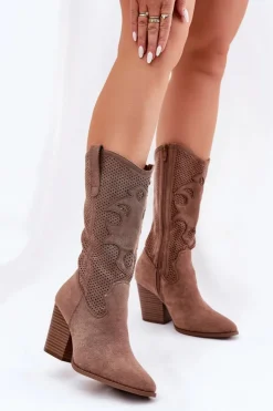 Discount Damskie buty S.Barski Ażurowe Kozaki Kowbojki Na Słupku S.Barski HY51-606 Brązowe Brązowy