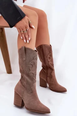 Discount Damskie buty S.Barski Ażurowe Kozaki Kowbojki Na Słupku S.Barski HY51-606 Brązowe Brązowy