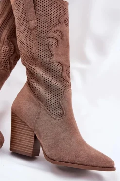 Discount Damskie buty S.Barski Ażurowe Kozaki Kowbojki Na Słupku S.Barski HY51-606 Brązowe Brązowy