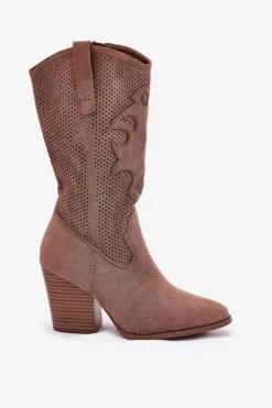 Discount Damskie buty S.Barski Ażurowe Kozaki Kowbojki Na Słupku S.Barski HY51-606 Brązowe Brązowy