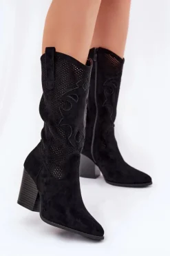 Damskie buty S.Barski Kozaki Na Słupku|Kozaki Ażurowe*Ażurowe Kozaki Kowbojki Na Słupku S.Barski HY51-606 Czarne Czarny
