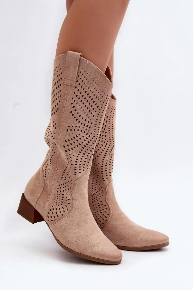 Online Buty damskie Vinceza Ażurowe Kozaki Na Niskim Obcasie Beżowe Walea