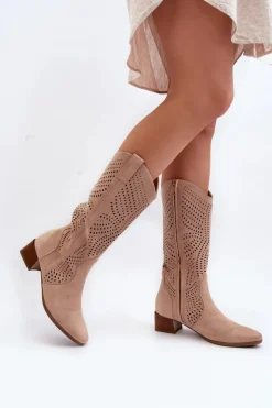 Online Buty damskie Vinceza Ażurowe Kozaki Na Niskim Obcasie Beżowe Walea