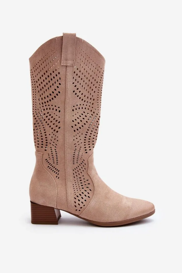 Online Buty damskie Vinceza Ażurowe Kozaki Na Niskim Obcasie Beżowe Walea
