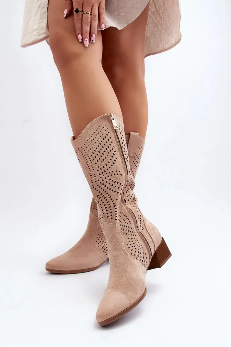 Online Buty damskie Vinceza Ażurowe Kozaki Na Niskim Obcasie Beżowe Walea