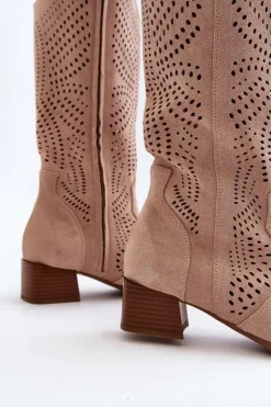 Online Buty damskie Vinceza Ażurowe Kozaki Na Niskim Obcasie Beżowe Walea