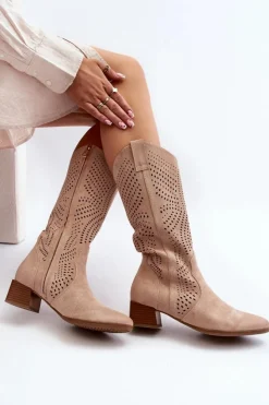 Online Buty damskie Vinceza Ażurowe Kozaki Na Niskim Obcasie Beżowe Walea