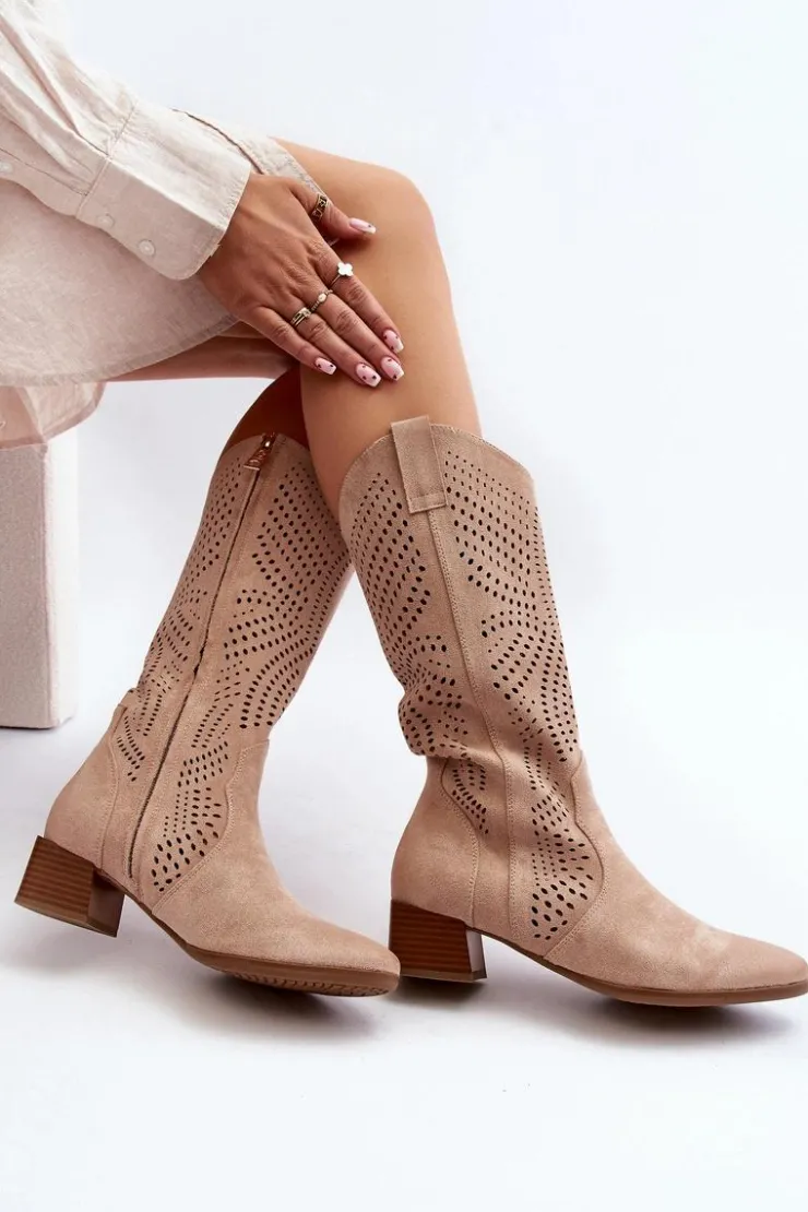 Online Buty damskie Vinceza Ażurowe Kozaki Na Niskim Obcasie Beżowe Walea