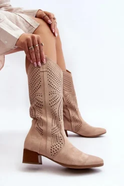 Online Buty damskie Vinceza Ażurowe Kozaki Na Niskim Obcasie Beżowe Walea