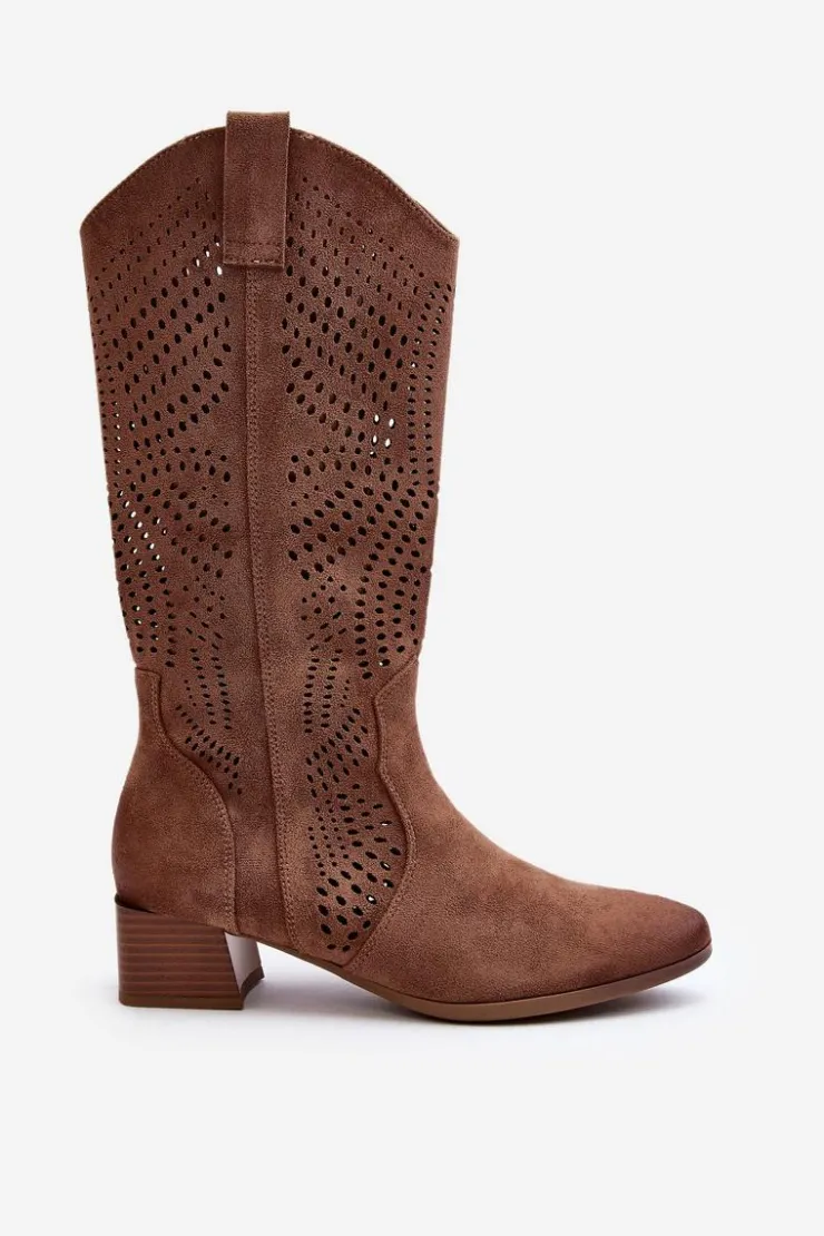 Damskie Buty damskie Vinceza Ażurowe Kozaki Na Niskim Obcasie Brązowe Walea