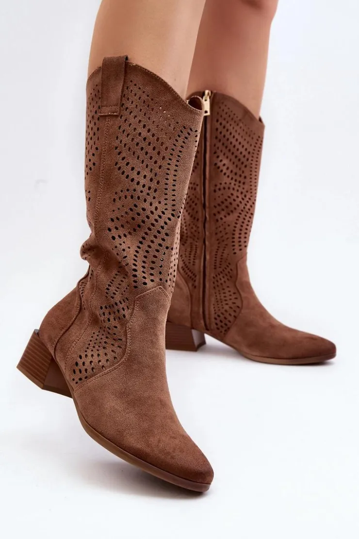 Damskie Buty damskie Vinceza Ażurowe Kozaki Na Niskim Obcasie Brązowe Walea