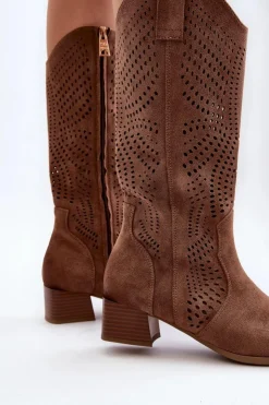 Damskie Buty damskie Vinceza Ażurowe Kozaki Na Niskim Obcasie Brązowe Walea