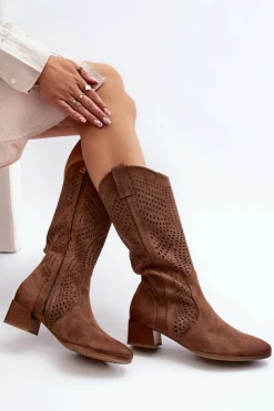 Damskie Buty damskie Vinceza Ażurowe Kozaki Na Niskim Obcasie Brązowe Walea