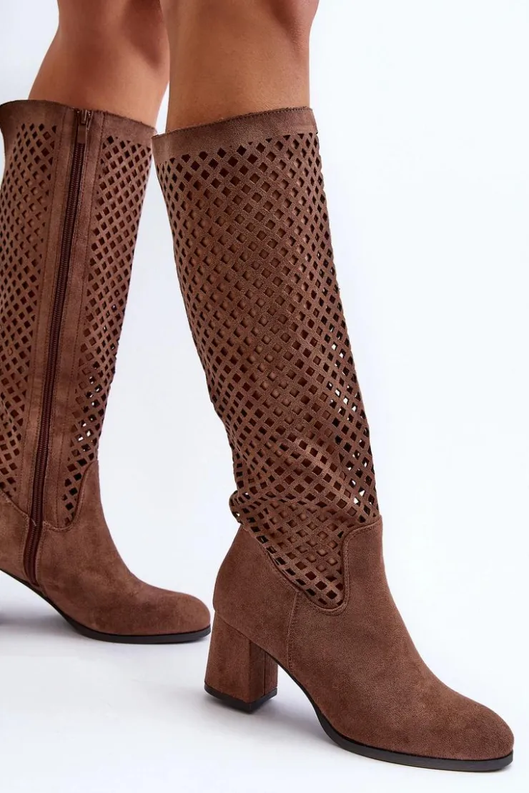 Hot Boto Ażurowe Kozaki Na Obcasie Zamszowe Brązowe Jolenna