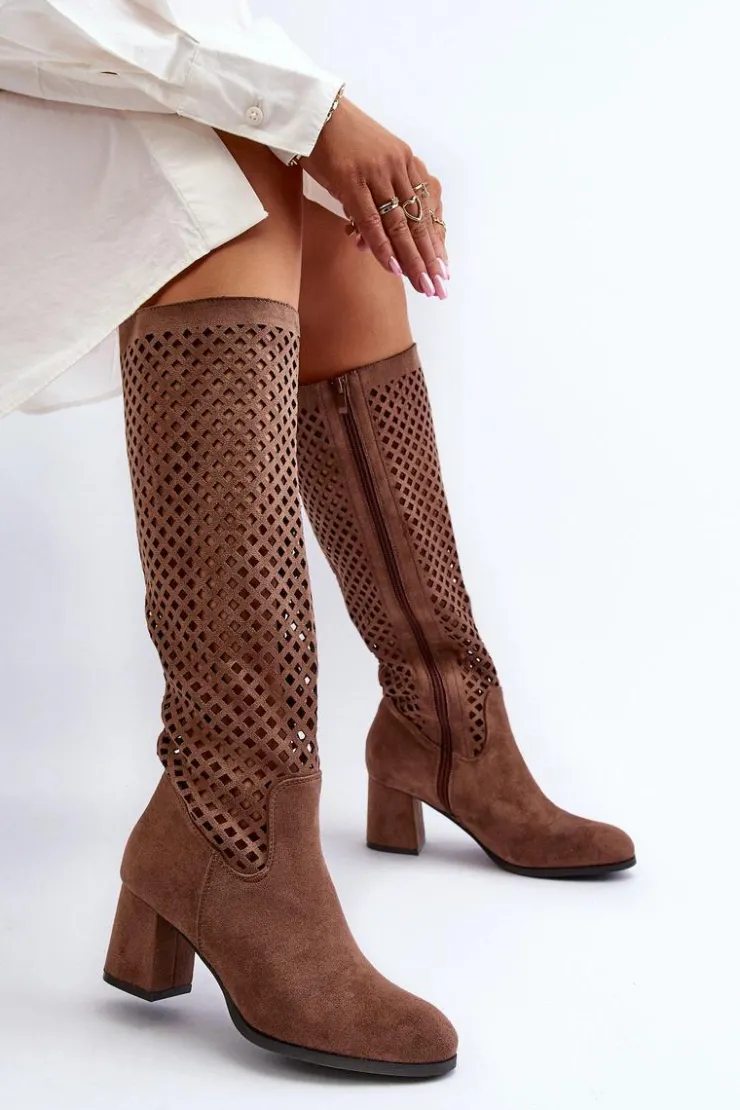 Hot Boto Ażurowe Kozaki Na Obcasie Zamszowe Brązowe Jolenna