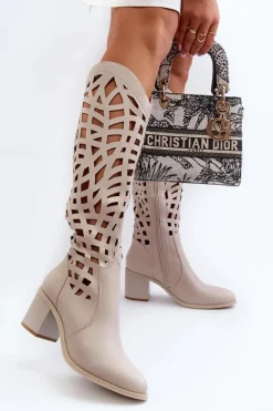 Sale Boto Ażurowe Kozaki Na Obcasie Beżowe Pinkema