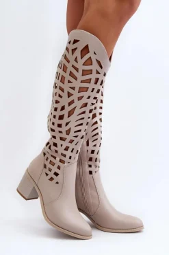 Sale Boto Ażurowe Kozaki Na Obcasie Beżowe Pinkema