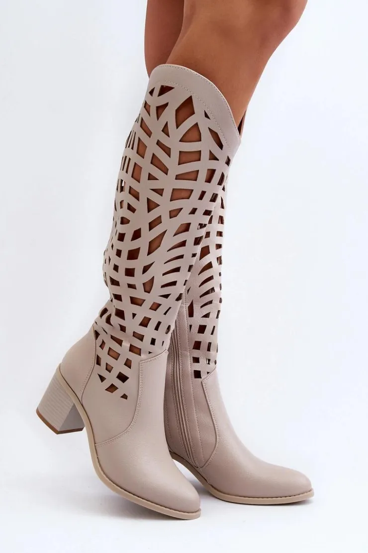 Sale Boto Ażurowe Kozaki Na Obcasie Beżowe Pinkema