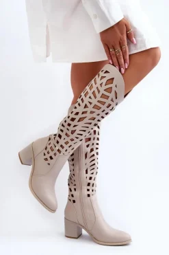 Sale Boto Ażurowe Kozaki Na Obcasie Beżowe Pinkema