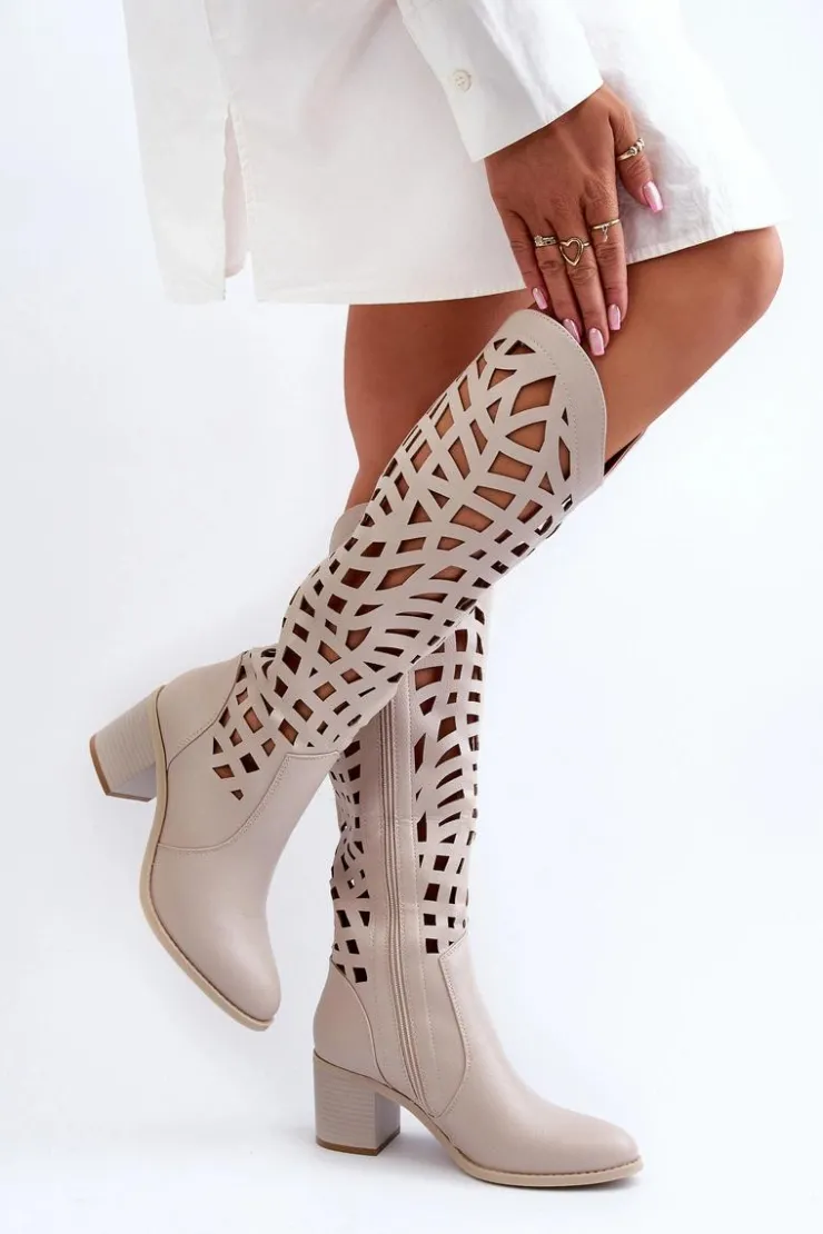 Sale Boto Ażurowe Kozaki Na Obcasie Beżowe Pinkema