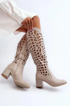 Sale Boto Ażurowe Kozaki Na Obcasie Beżowe Pinkema