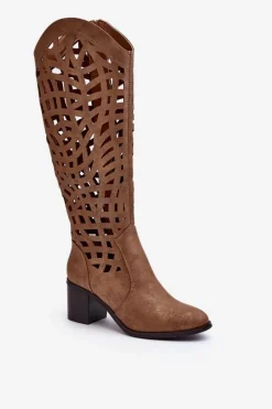 Boto Kozaki Wiosenne|Kozaki Ażurowe*Ażurowe Kozaki Na Obcasie Brązowe Pinkema