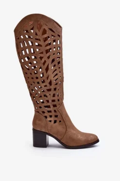 Boto Kozaki Wiosenne|Kozaki Ażurowe*Ażurowe Kozaki Na Obcasie Brązowe Pinkema