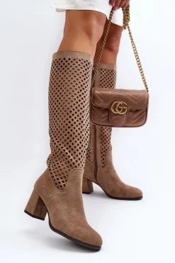 Boto Kozaki Wiosenne|Kozaki Ażurowe*Ażurowe Kozaki Na Obcasie Zamszowe Beżowe Jolenna