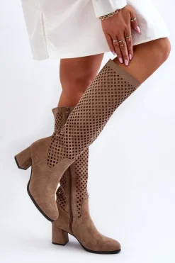 Boto Kozaki Wiosenne|Kozaki Ażurowe*Ażurowe Kozaki Na Obcasie Zamszowe Beżowe Jolenna