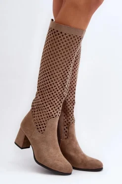 Boto Kozaki Wiosenne|Kozaki Ażurowe*Ażurowe Kozaki Na Obcasie Zamszowe Beżowe Jolenna