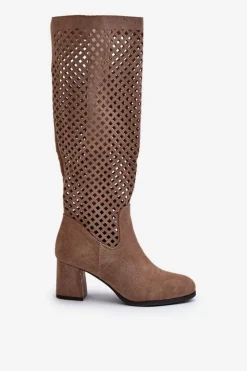 Boto Kozaki Wiosenne|Kozaki Ażurowe*Ażurowe Kozaki Na Obcasie Zamszowe Beżowe Jolenna