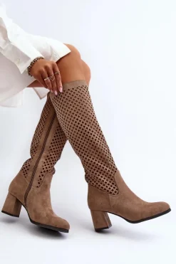Boto Kozaki Wiosenne|Kozaki Ażurowe*Ażurowe Kozaki Na Obcasie Zamszowe Beżowe Jolenna