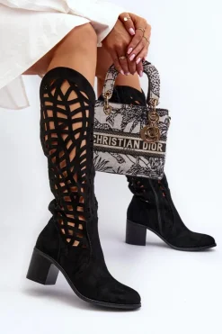 Damskie Boto Ażurowe Kozaki Na Obcasie Czarne Pinkema
