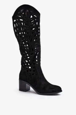 Damskie Boto Ażurowe Kozaki Na Obcasie Czarne Pinkema